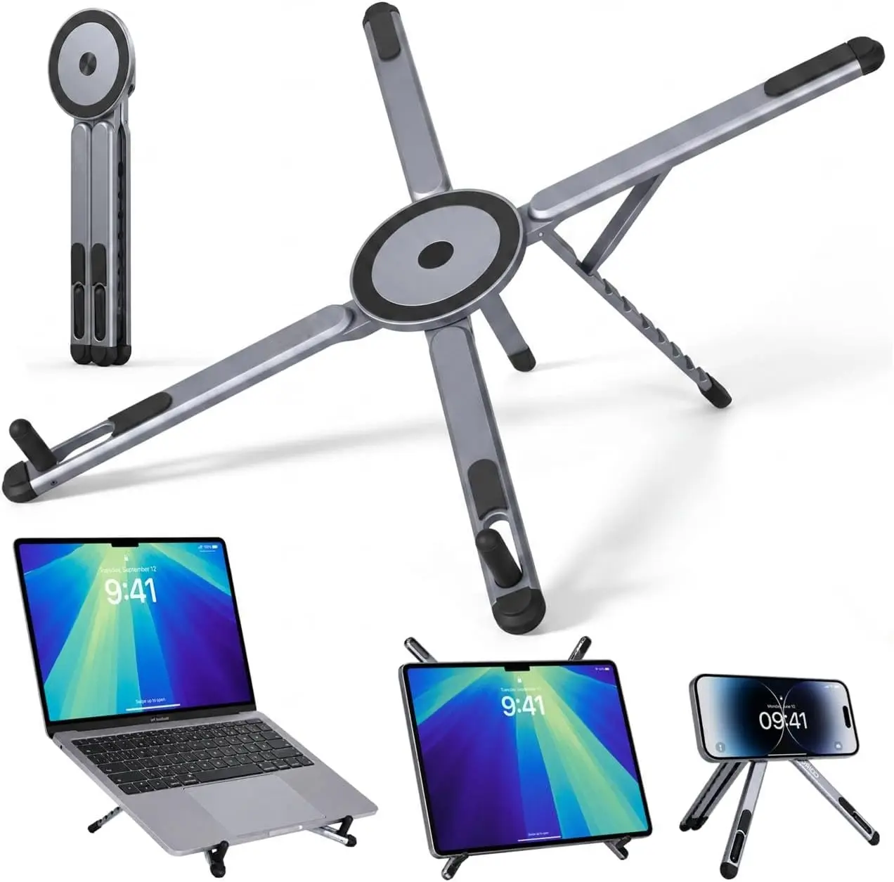 3-in-1 Magnetic Laptop Stand & Tablet Holder, Adjustable Aluminum Foldable Desk Riser with Magnetic Phone Tripod Mount & Storage Bag