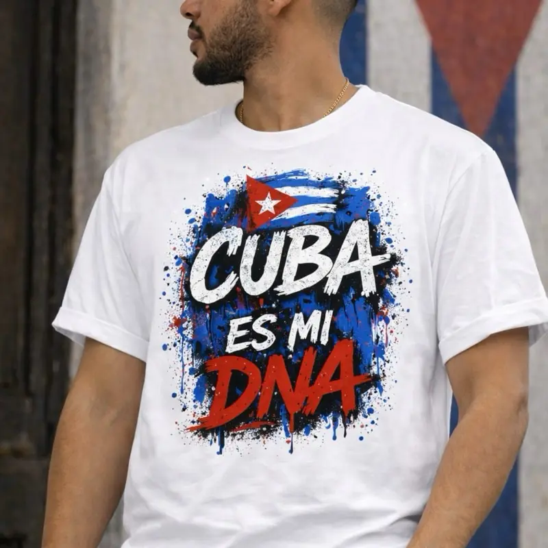 Cuba Es Mi DNA T-Shirt - White Crew Neck Short Sleeve with Cuban Flag Design for Men Casual Menswear Top
