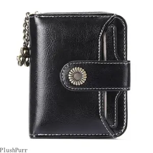 Ladies' Mini Double Fold Wallet (1PC) - Classic Red and Black, Detachable ID Window, Multiple Card Slots, Zippered Change Pocket, Snap Closure