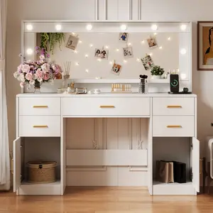 Oxirth  Large Vanity Desk with Lighted Mirror & Power Outlet, White Makeup Vanity Desk with Mirror and Lights, White Vanity Table with 5 Drawers and 2 Cabinets, Dressing Table for Bedroom