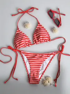 Red Candy Stripe Terry Cloth Bikini Set - Halter Triangle Top & Cheeky Tie-Side Bottoms Women Cute Bottoms Y2K Preppy Beach Swimwear