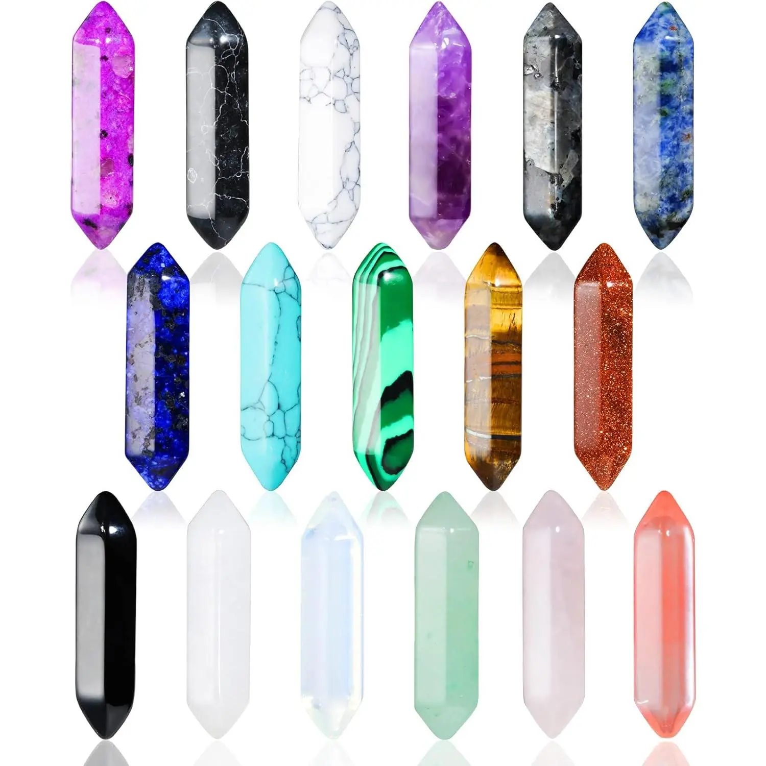 17Pcs Therapy Crystals Stones Set - Hexagonal Bullet-Shaped Reiki Meditation Chakra Stones with Tiger Eye, Obsidian, Quartz Wands, Pendants & Transparent Storage Box (Selfie Accessories for Relaxation During Phone Use), Hexagonal Shape, Transparent Box
