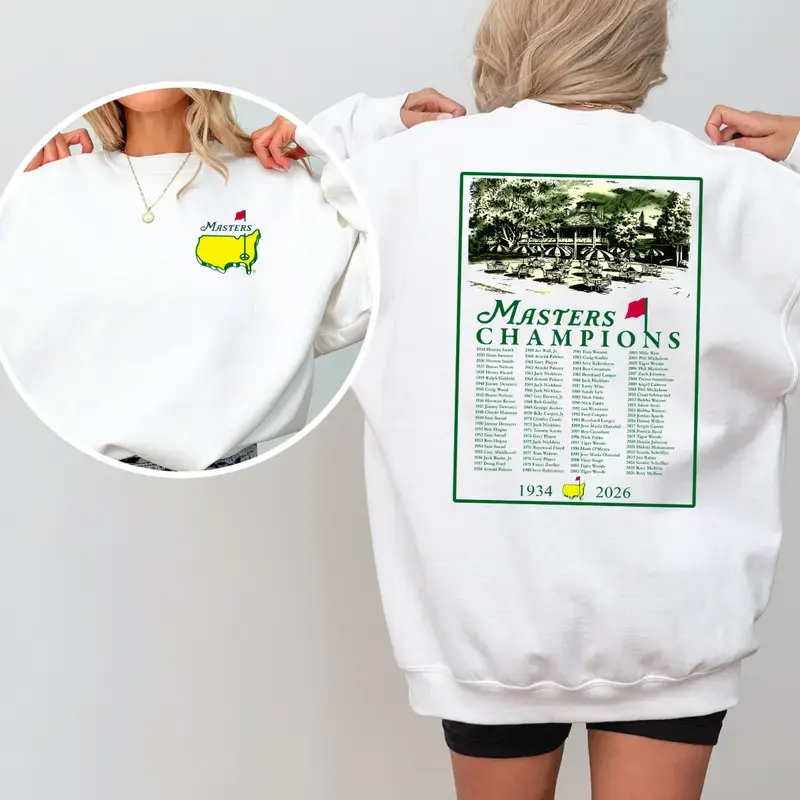 Masters Champions 1934-2026 Sweatshirt, Augusta National Clubhouse Green Jacket Winners List Two Sided Print White Crewneck Pullover