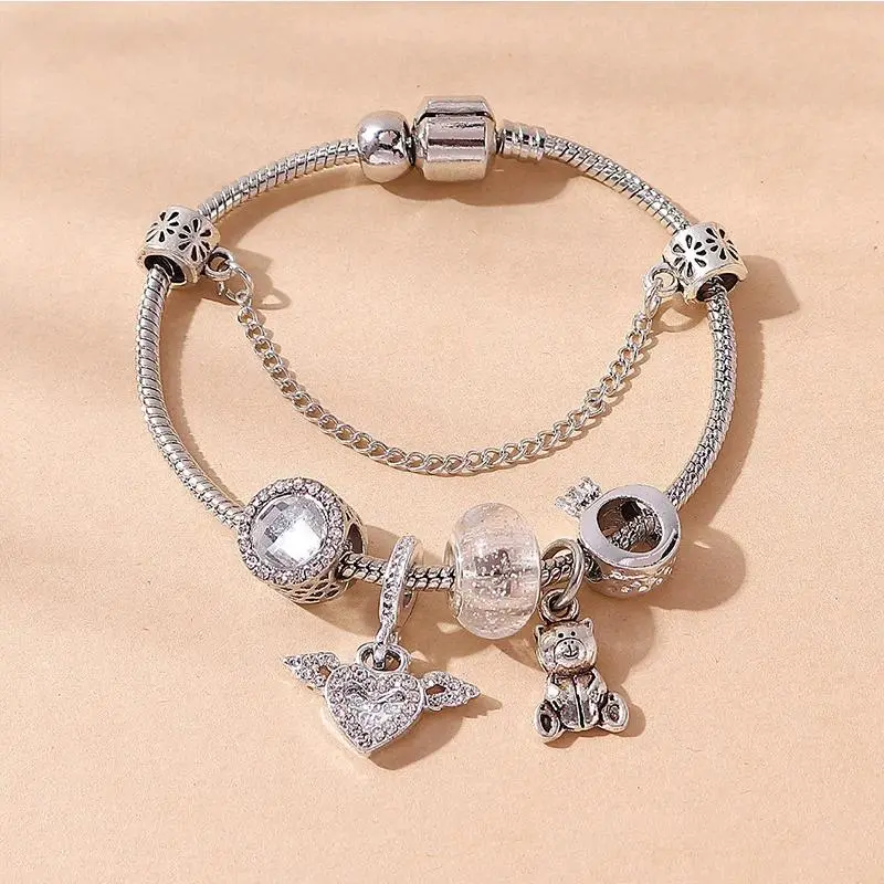 Fashion Copper Bracelet with Bear Pendant – Angel Wings, Crown, and Crystal Beads Charm Jewelry