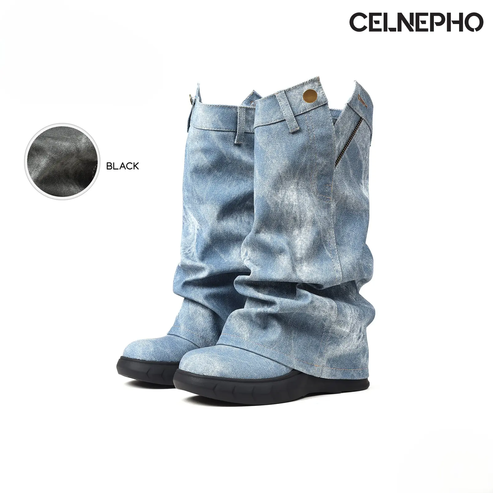CELNEPHO Mid Calf Boots for Women Round Toe Fold Over Zipper Closure Bootie Zipped Side Wedge Heel Boot Fashion Party Biker Boots Spring Dress Shoes