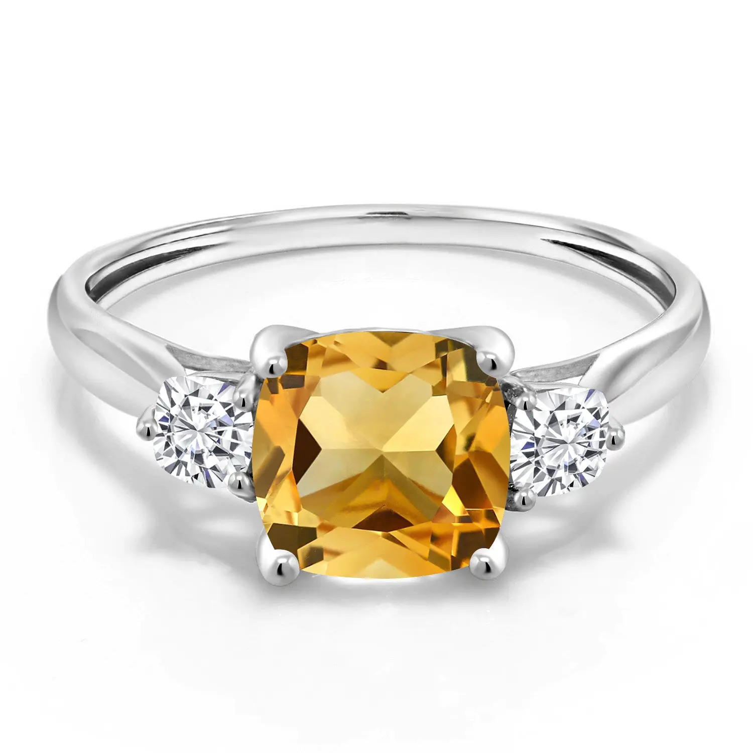 10K White Gold Yellow Citrine and White Moissanite 3-Stone Engagement Ring For Women | 1.66 Cttw | Cushion 7MM | Gemstone Birthstone | Available In Size 5, 6, 7, 8, 9