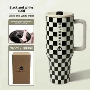 The Hydrojug grid pattern features a classic black and white grid design. This is an original travel-sized 40-ounce double-layer stainless steel flip-top stainless steel water bottle with a leak-proof design and rubber base.