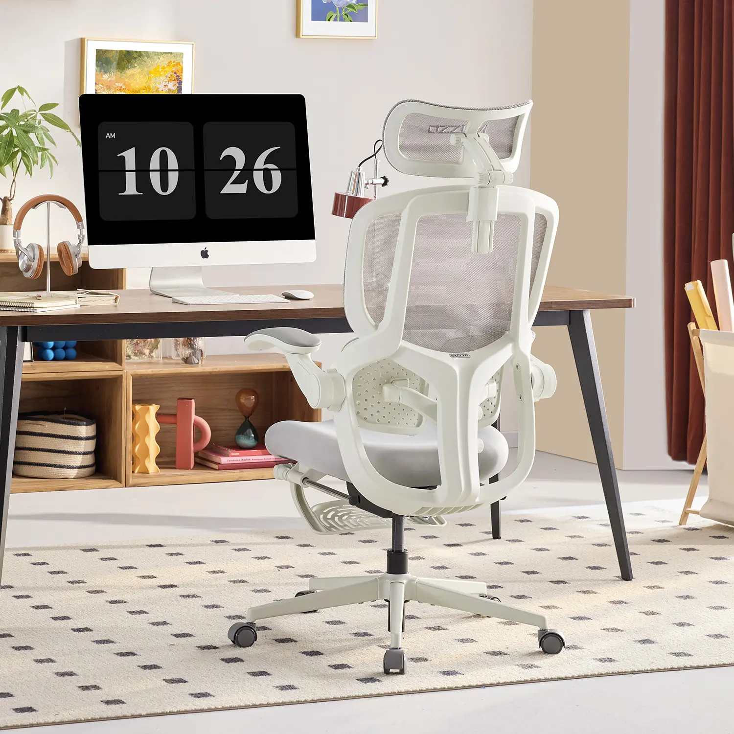 MUSSO E80 Air Mesh Back Ergonomic Office Chair for Women - Adjustable Lumbar Support, 4D Headrest, Footrest, Flip-Up Armrests, 135° Recline, Lumbar Adjust-B