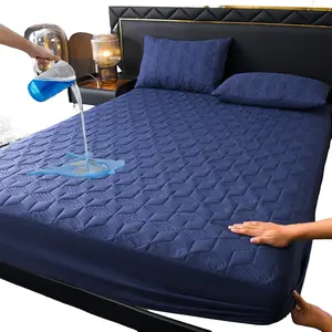 Waterproof Bed Skirt Mattress Pad, Flax Texture Quilted Bed Cover, Breathable Silent Bed Sheet with Elastic Edges