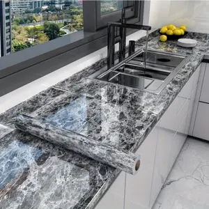 Waterproof & Oil-Proof Self-Adhesive Black Marble Contact Paper Roll - Reusable PET Glossy Decals with Sparkling Veins for Kitchen Countertops, Stove, Cabinets, Tiles, Dining Tables - Elegant Home Makeover Sticker, Waterproof Contact Pa