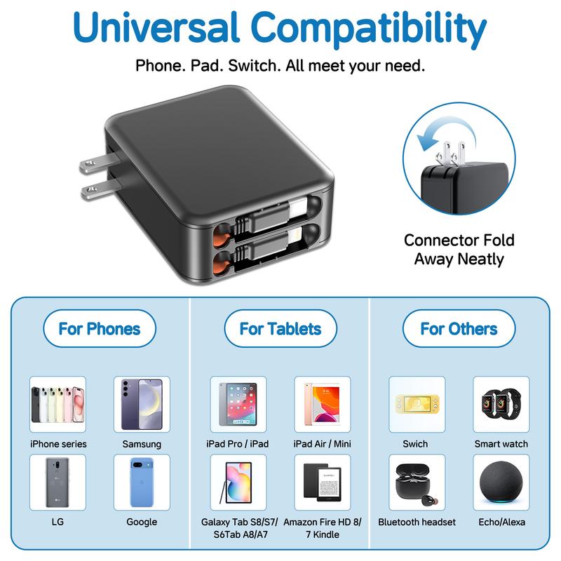 35W Retractable Wall Charger with Dual Cables, 3-Port USB Charging Block, Fast Charging for iPhone, iPad, Tablets, LG, Samsung, and More 35W Retractable Wall Charger with Dual Cables, 3-Port USB Charging Block, Fast Charging for iPhone, iPad, Tablets, LG, Samsung, and More