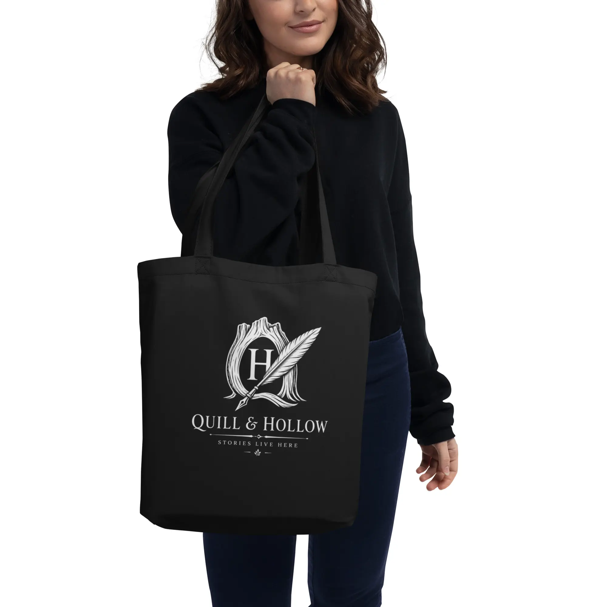 Quill & Hollow “Stories Live Here” Organic Cotton Tote Bag – Black