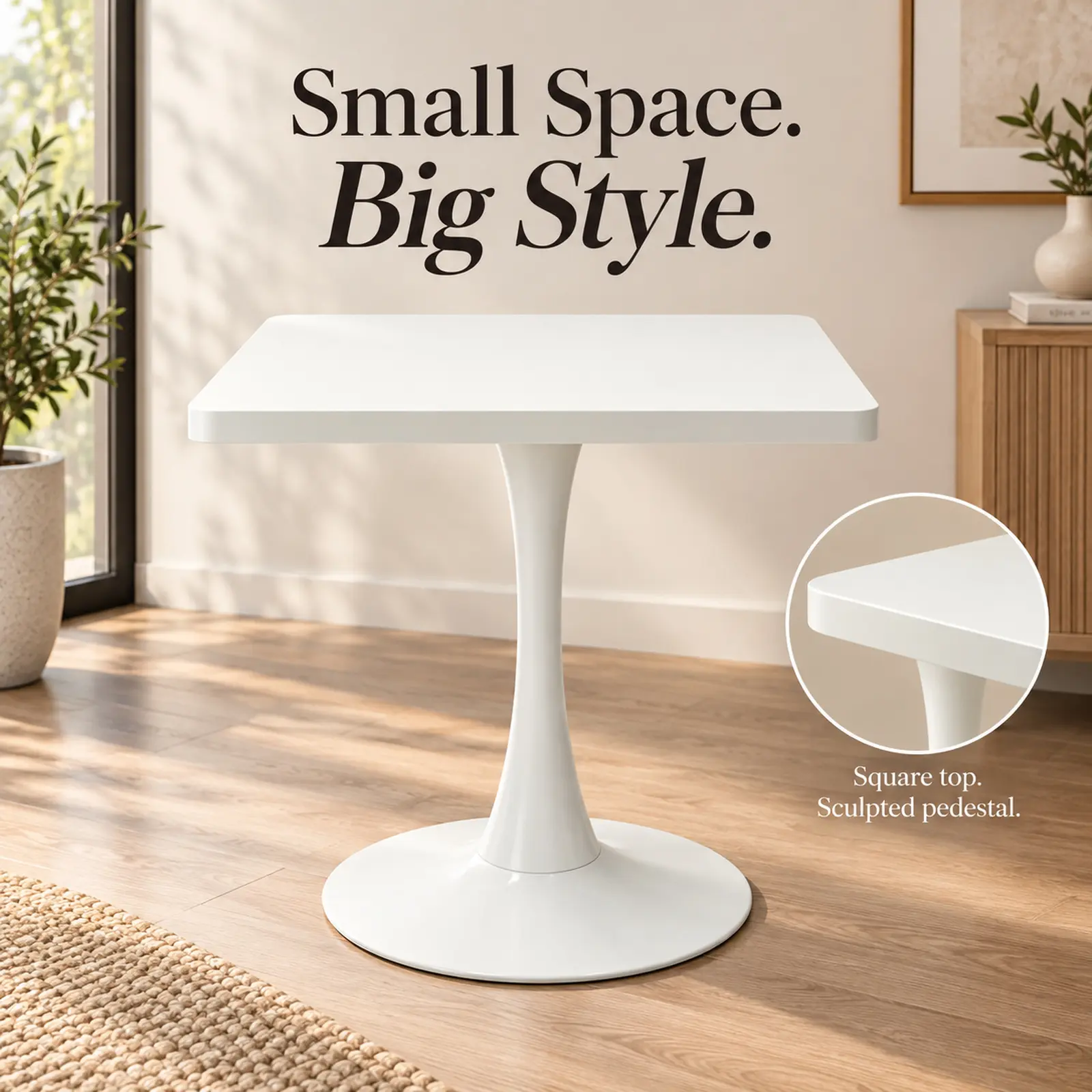 Square Dining Table, 23.6" Tulip Table with Thickened Edge Decor Tabletop & Metal Pedestal, Mid Century Modern Bistro Table for Kitchen, Small Places, Living Room, Cafe ( WHITE Color)