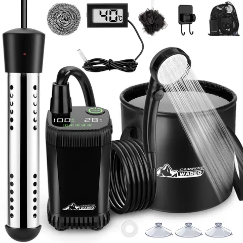 WADEO 2026 Upgraded Heated Portable Camping Shower - 20L/5Gal Compact Kit, Type-C Car Charge Rechargeable System with Intelligent LED Display, 4 Spray Modes, Full Kit for Instant Use, Outdoor Camping Gear for Pet Bath