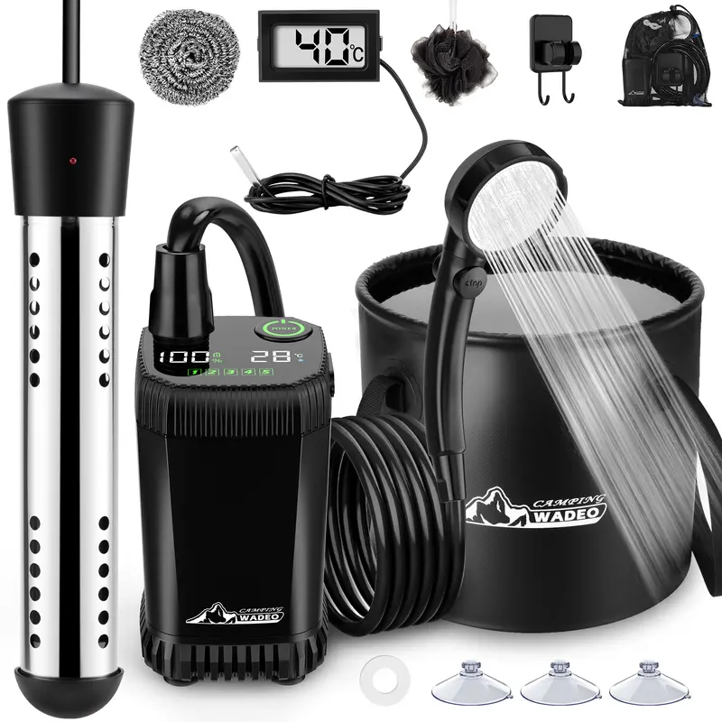 WADEO 2026 Upgraded Heated Portable Camping Shower - 20L/5Gal Compact Kit, Type-C Car Charge Rechargeable System with Intelligent LED Display, 4 Spray Modes, Full Kit for Instant Use, Outdoor Camping Gear for Pet Bath