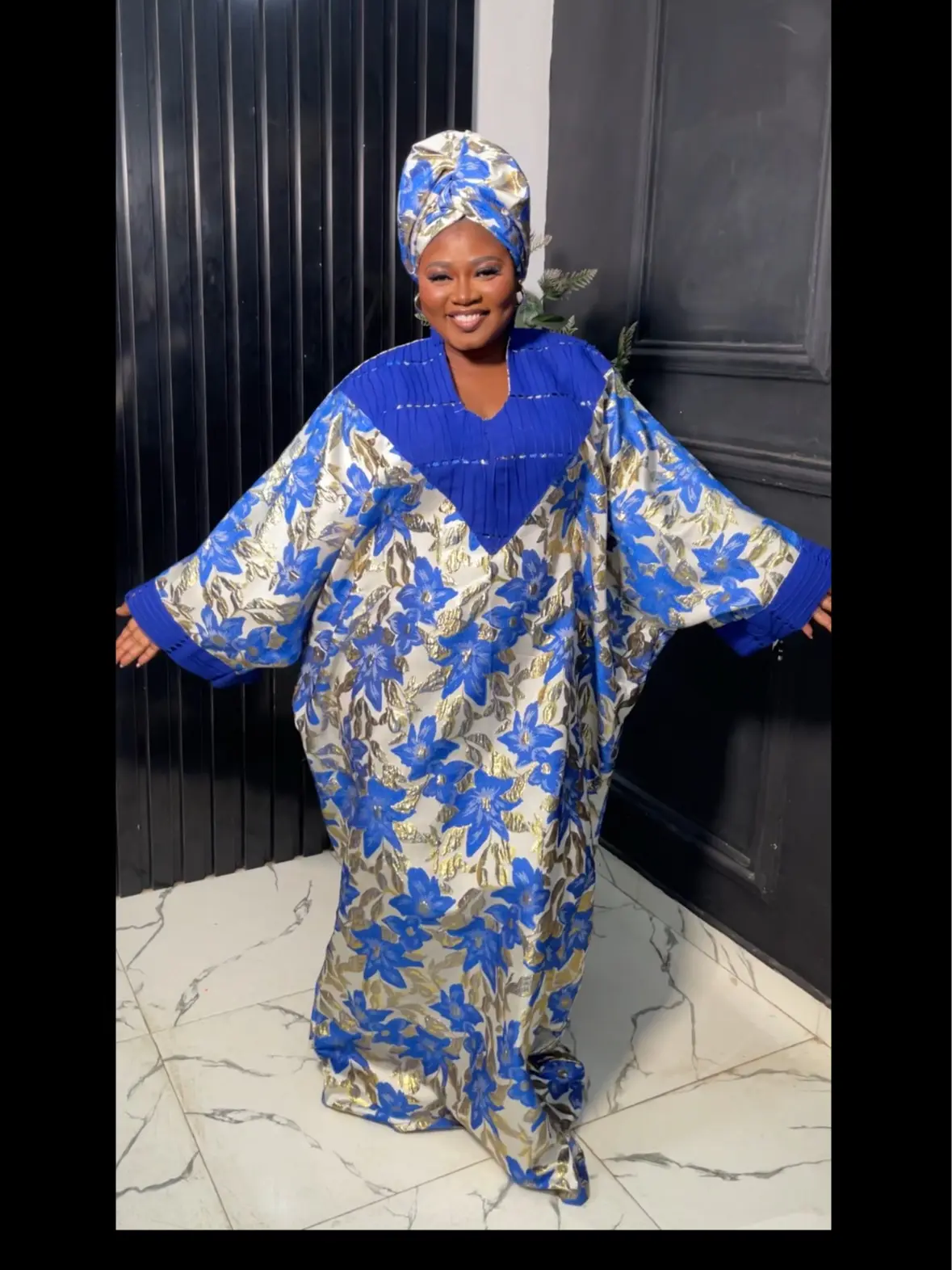 Blue Damask Party Dress: Elegant Royal Blue aso oke Fabric
