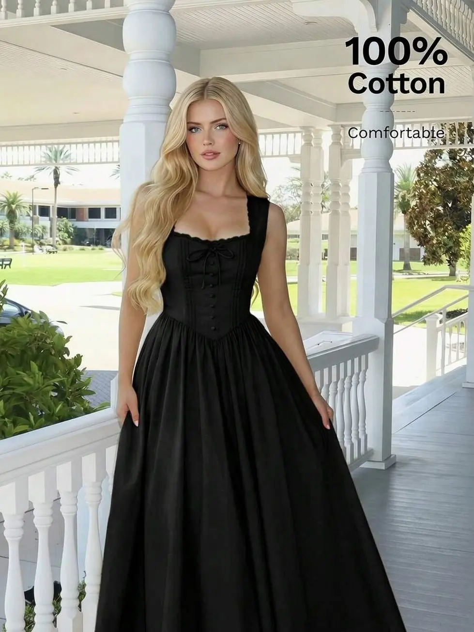 Cotton Square Collar Button Trim Dress,Cottage Core Vintage Princess Gown,Women's Summer Holiday Tea Party,Vacation Beach Garden Outfit
