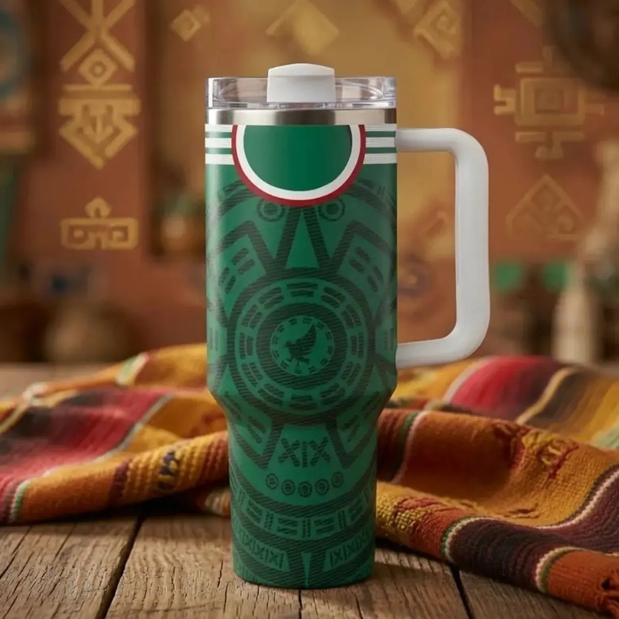 Green Tribal 40oz Tumbler, Aztec Inspired Travel Mug with Handle, Geometric Stainless Steel Cup, Double Wall Vacuum Insulated