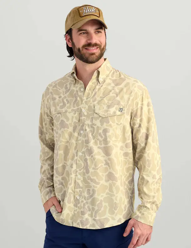 Huk KC Print Tide Point Button-Down in Sand Camo