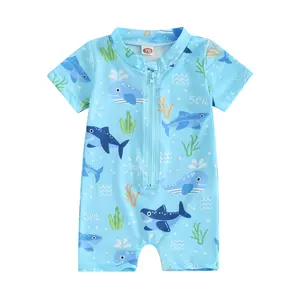Toddler Baby Boy Shark Print Bathing Suit Half Zip Up  Romper Short Sleeve Summer Rashguard Swimsuit