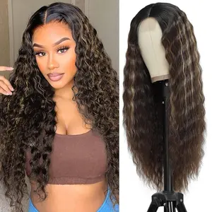 Brown with Blonde Highlight 28inch Long Synthetic Curly Wig  Deep Wave Wigs for Women Ombre Lace Front Wig Natural Crimps Curls Long Deep Wave Wig 4" Fake Scalp Heat Resistant Fiber Hair Daily Party Wig