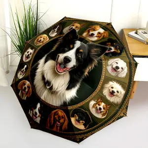 1 PC Automatic Folding Umbrella - Border Collie Portrait Circle Pattern, Portable & Foldable Design with 8 Ribs, Merry Christmas Pattern,Casual Outdoor Accessory Halloween and Christmas Birthday Gifts. D0044