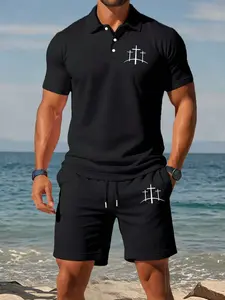 Men's Cross Pattern Print Polo Shirt + Shorts Set, Breathable Quick-Dry Fabric, Summer Beach Casual, 2-Piece Suit Outfit#PoloSet #BeachStyle #CasualWear #TikTokFashion #MensStyle