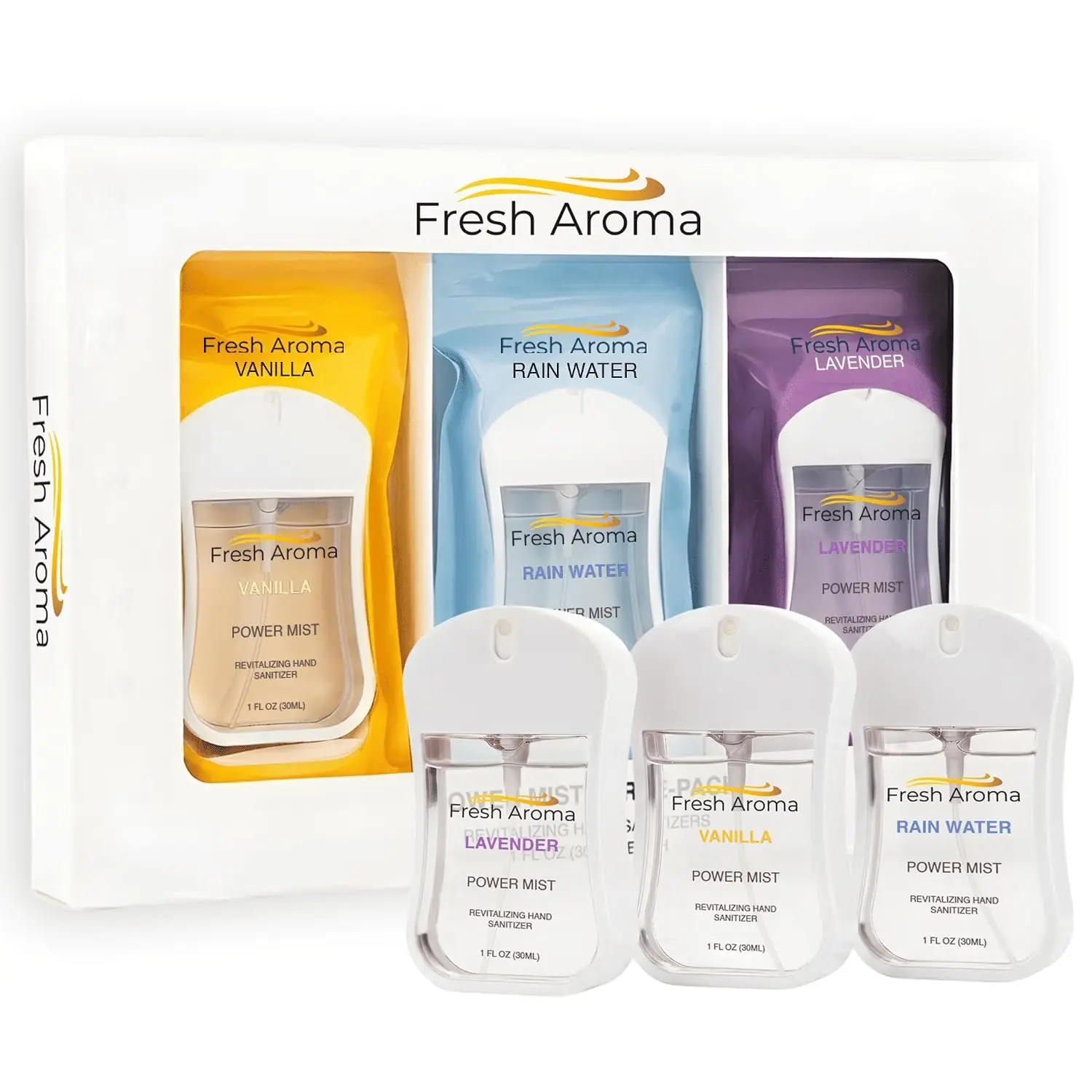 Fresh Aroma Hydrating Hand Sanitizer Spray Trio Set, Non-Sticky Portable Hand Sanitizer Mist for Adults, Vanilla, Lavender & Rain Water Scents, Travel Size Hydrating Hand Sanitizer (3 x 1 Fl Oz)