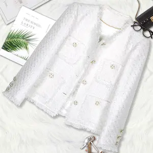 Fashion socialite women's top 2025 new white tassel round neck coarse floral weave small fragrant style long sleeved jacket