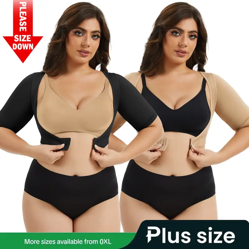 【Plus Size】Women Arm Shaper Compression Sleeves Front Closure Body Shaper Push Up Bra Arm Fajas Shapewear Tank Top, High Stretch Shapewear Crop Top, Comfortable Farbic Womenswear, Ladies Shapewear for Daily Wear Casual Basic Minimalist Soft Elastic