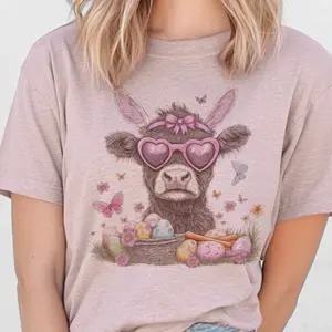 Vintage Boho Highland Cow graphic tee Southwestern Cowprint shirt Retro Easter Cow Bunny Rabbit Ears Graphic Tee Country Farm Easter Cow Tshirt Casual Womens Holiday Easter Top