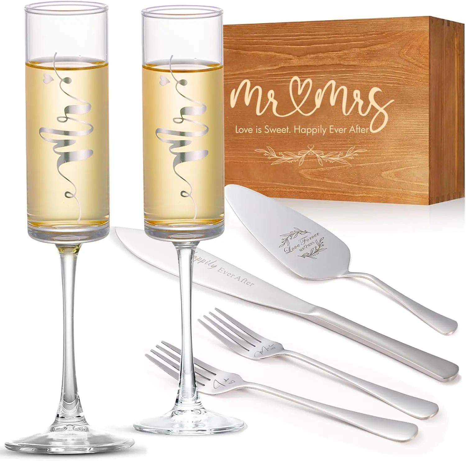 Wedding Cake  and Server Set, Mr and Mrs Champagne Flutes & Forks with Wooden Box,  Cake  Set for Wedding Engagement Bridal Shower Gifts