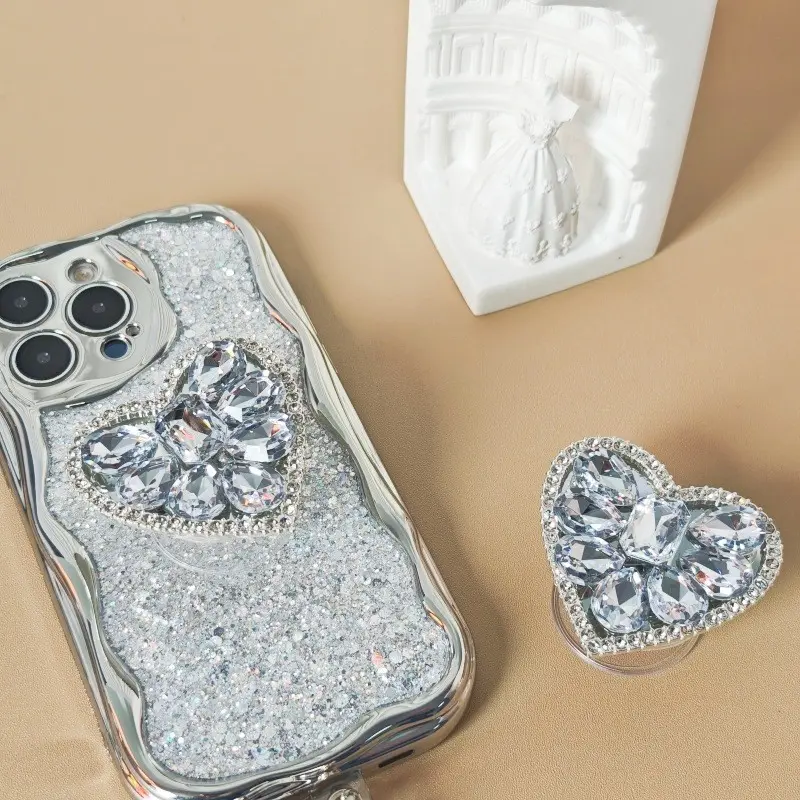 Heart Diamond Cell Phone Stand, Accessories, Multiple Colors Available, Stretchable Adhesive Design, Perfect Gift, Convenient for Daily Use, Adhesive Cellphone Holder