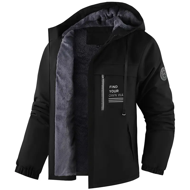 Men's Fitted Retro Preppy Sherpa Jacket - Male Clothing, Colorblock Pattern Logo, Fluffy Hood, Warm Fleece Lined, "Find Your Own Way" Graphic, Long Sleeve, Mid-Length, Novel Design, Outdoor Casual Menswear, Pattern Logo Men's Fleece Jackets