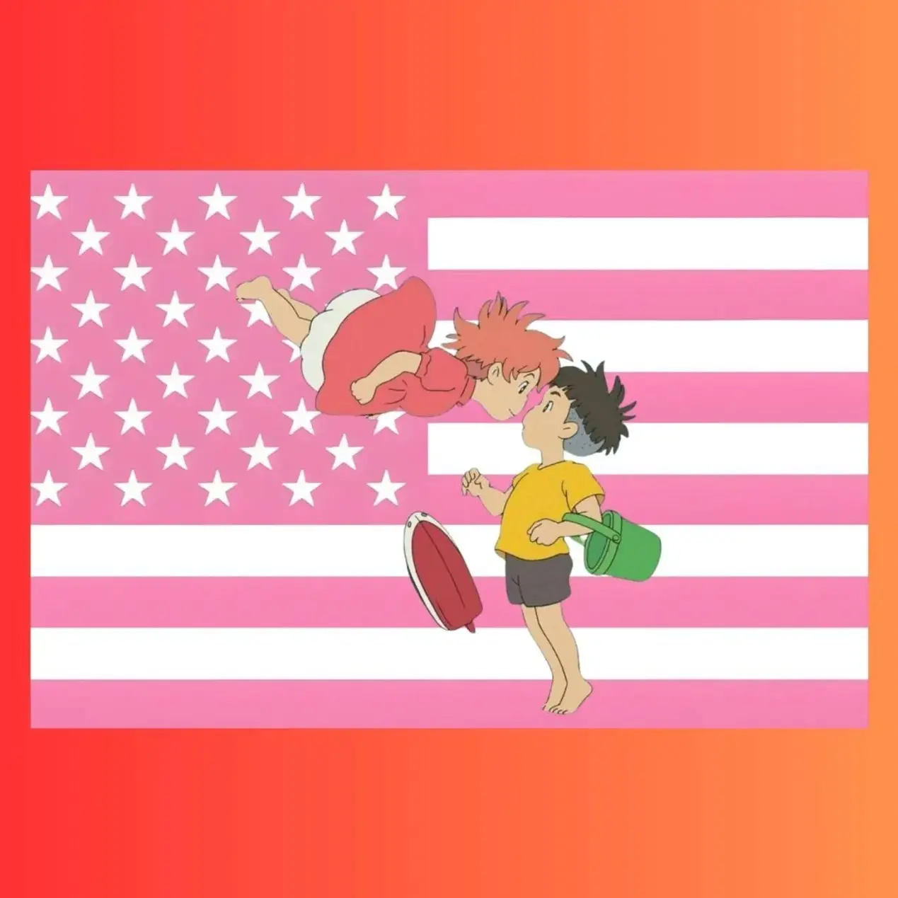 Ponyo Pink American Flag Tapestry | Studio Ghibli Anime Wall Art | Ponyo on the Cliff Flag | Dorm Room Decor | Ghibli Fan Gift