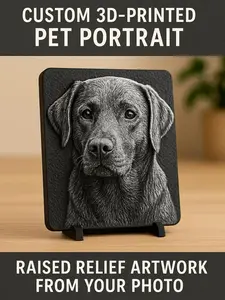 Custom 3D-Printed Pet Portrait - Black & White Textured Relief with Display Stand - 3D-Printed Artwork from Your Photo for Gifts and Decor