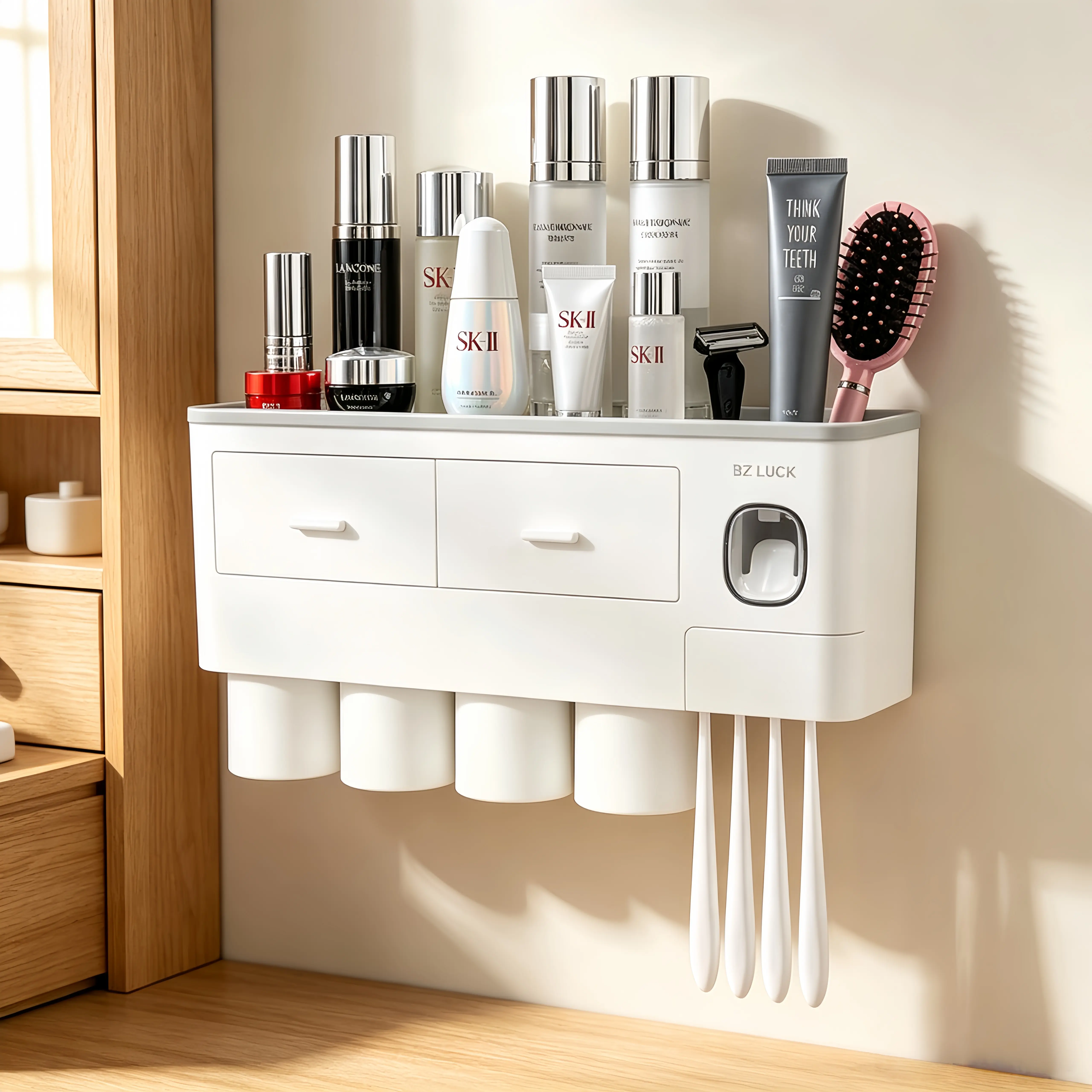 Wall-Mounted Toothbrush and Toothpaste Holder - Silicone, Removable, Space-Saving Bathroom Organizer, Holds 2-4 Cups, Home Supplies Decor Piece