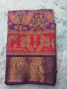 Women's Purple color, High quality traditional peacock print Georgette Saree with Woven Banarasi Border.