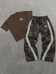 Two-Piece Set Men's Leopard Print Short Sleeve Tee & Pants, Regular Fit Casual Fashion Cozy Round Neck T-shirt & Trousers for Daily Outdoor Wear, Men's Clothing for Summer, Menswear