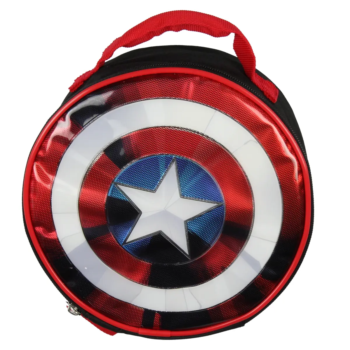 Marvel Captain America Solid Round Shield Shiny Optical Illusion Insulated Lunch Box Bag Tote, 8" x 8" x 4" Lunchbox with Pull-Zipper