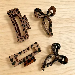 4pcs Advanced Leopard Print Hair Claw Clip Retro Bow Cross Square Shark Clip Back of Head Hair Bun Clip Hair Additions
