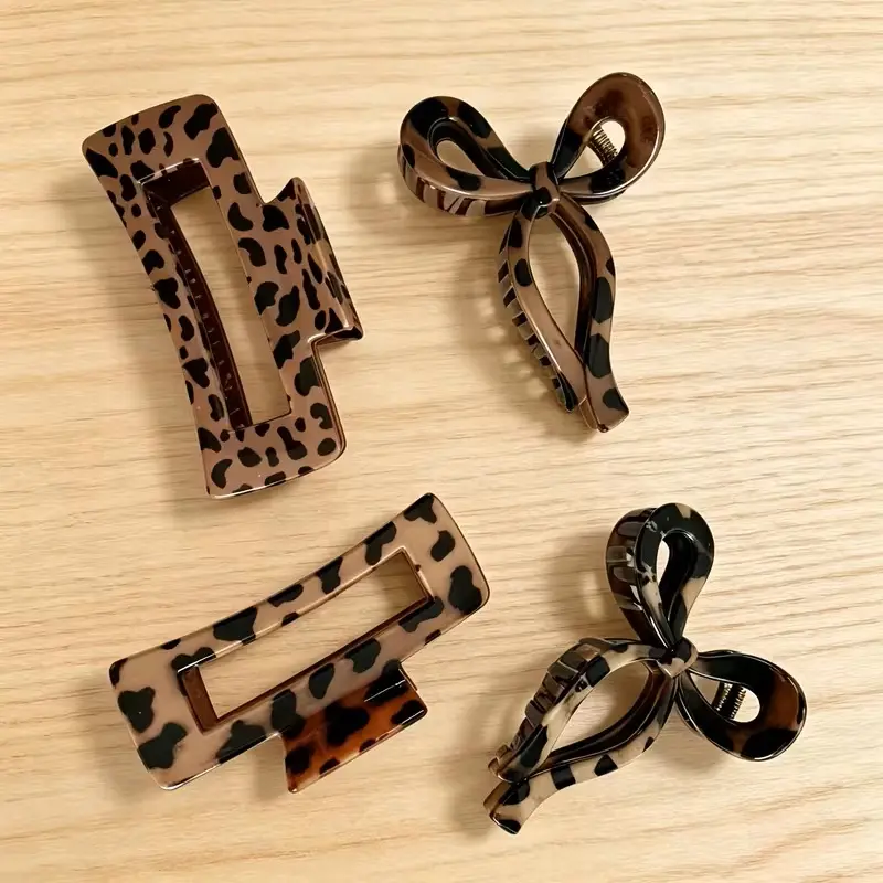 4pcs Advanced Leopard Print Hair Claw Clip Retro Bow Cross Square Shark Clip Back of Head Hair Bun Clip Hair Additions