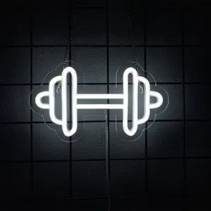 Gym Neon Sign Barbell Dumbbell Shaped Neon signs White Neon Lights Up Gym Wall Stickers for Fitness Club Decor LED Sign for Teen Girls Teen Sports Room Game Room Decor