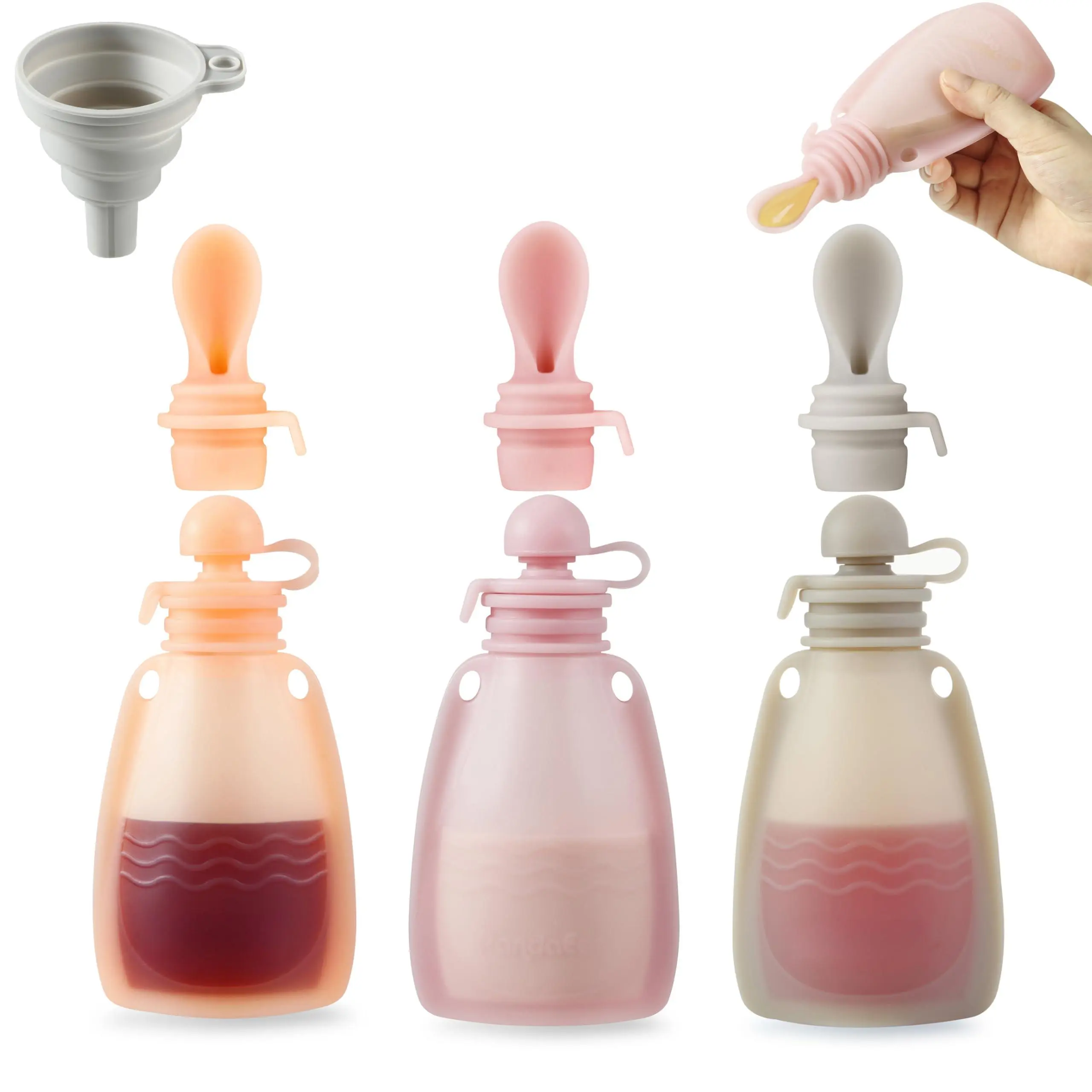 3 Pack Reusable Silicone Food Pouches Squeeze For With Puree Feeder Spoon Refillable Storage 5.5oz(dark Pink/light Pink/linen)