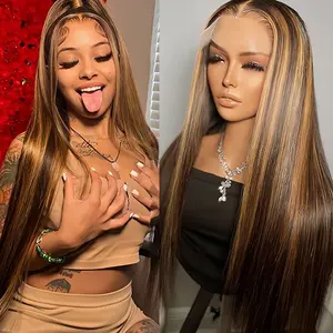 【Outlet Deal 】VIPbeauty 28Inch Highlight Straight Human Hair Lace Front Wigs 13x4 Ombre 4/27 Lace Frontal Wig 12A 180 Density Virgin Human Hair Wigs Pre Plucked