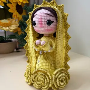 Handmade Crochet Virgin Mary Doll with Rosary - Yellow Catholic Gift