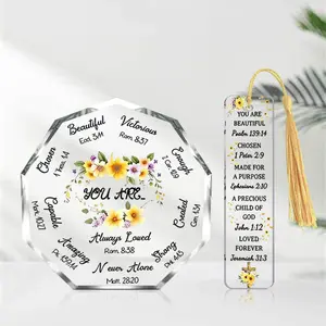2pcs/set Christian Sunflower Scripture Octagonal Desktop Decoration + Yellow Tassel Bookmark, Fresh Watercolor Floral Style Ornament, Suitable for Desk, Church, Home ＆ Office Decoration, Warm Gift for Christians