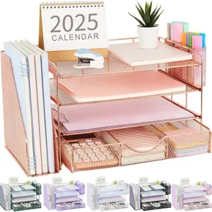 Desk Organizers and Accessories with File Holder, 4-Tier Workspace Organizers with Drawer and 2 Pen Holder, Paper Organizer for Office Supplies (Rose Gold)