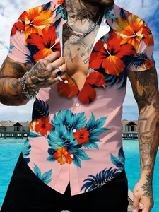Men's Hawaiian Printed Short Sleeve Collared Shirt, Fruit Floral Tropical Pattern Beach Casual Shirt, Summer Vacation Style Top, Hawaiian Shirts