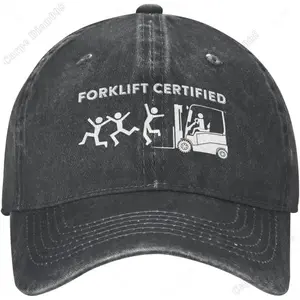 Forklift Certification Funny Hat - Black Baseball Cap with Forklift Pattern and "Certified" Text, Breathable One Size Unisex Outdoor Hat, Machine Washable, Outdoor Headwear |   Pattern Baseball Cap |   Curved Brim Hat